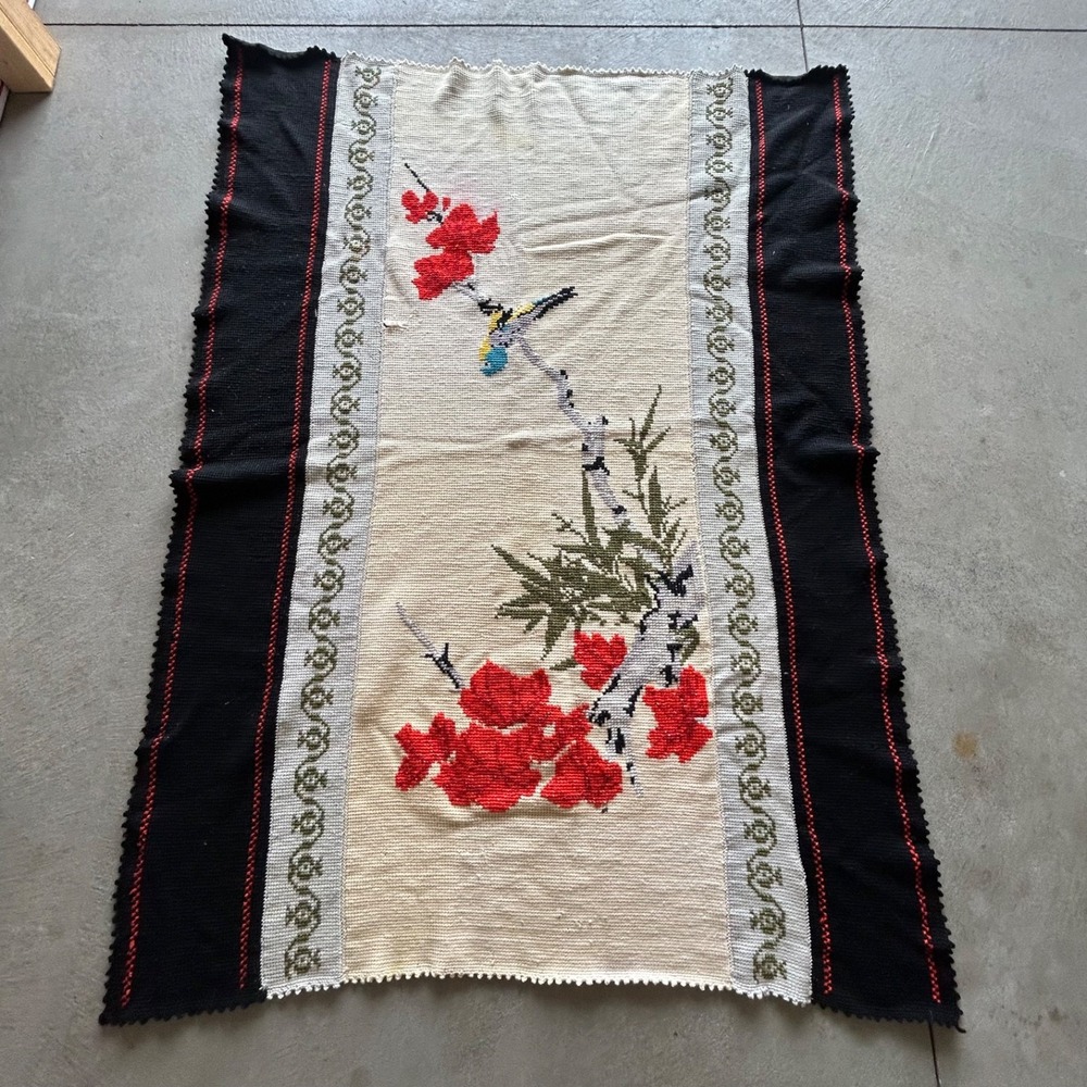 Vintage 60s Needlepoint Cross Stitch Throw Blanket Bird Cherry Blossom 70x56
